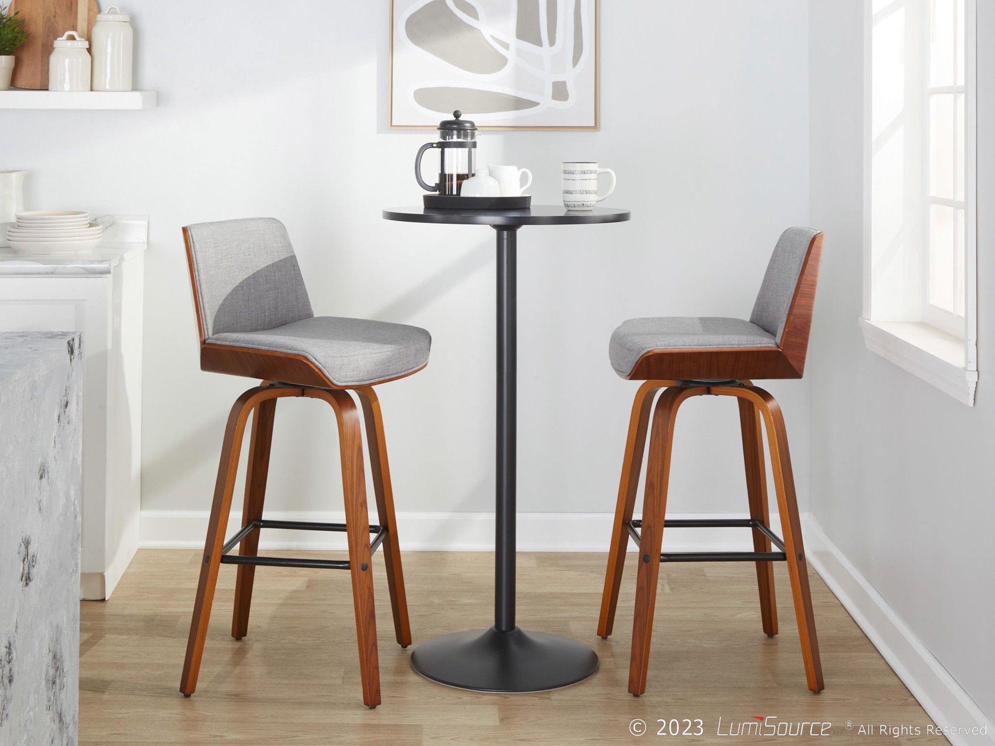 Corazza 30 Mid-Century Modern Walnut and Grey Barstool (Set of 2) 4 Corazza 30 Mid-Century Modern Walnut and Grey Barstool (Set of 2) - Image 4