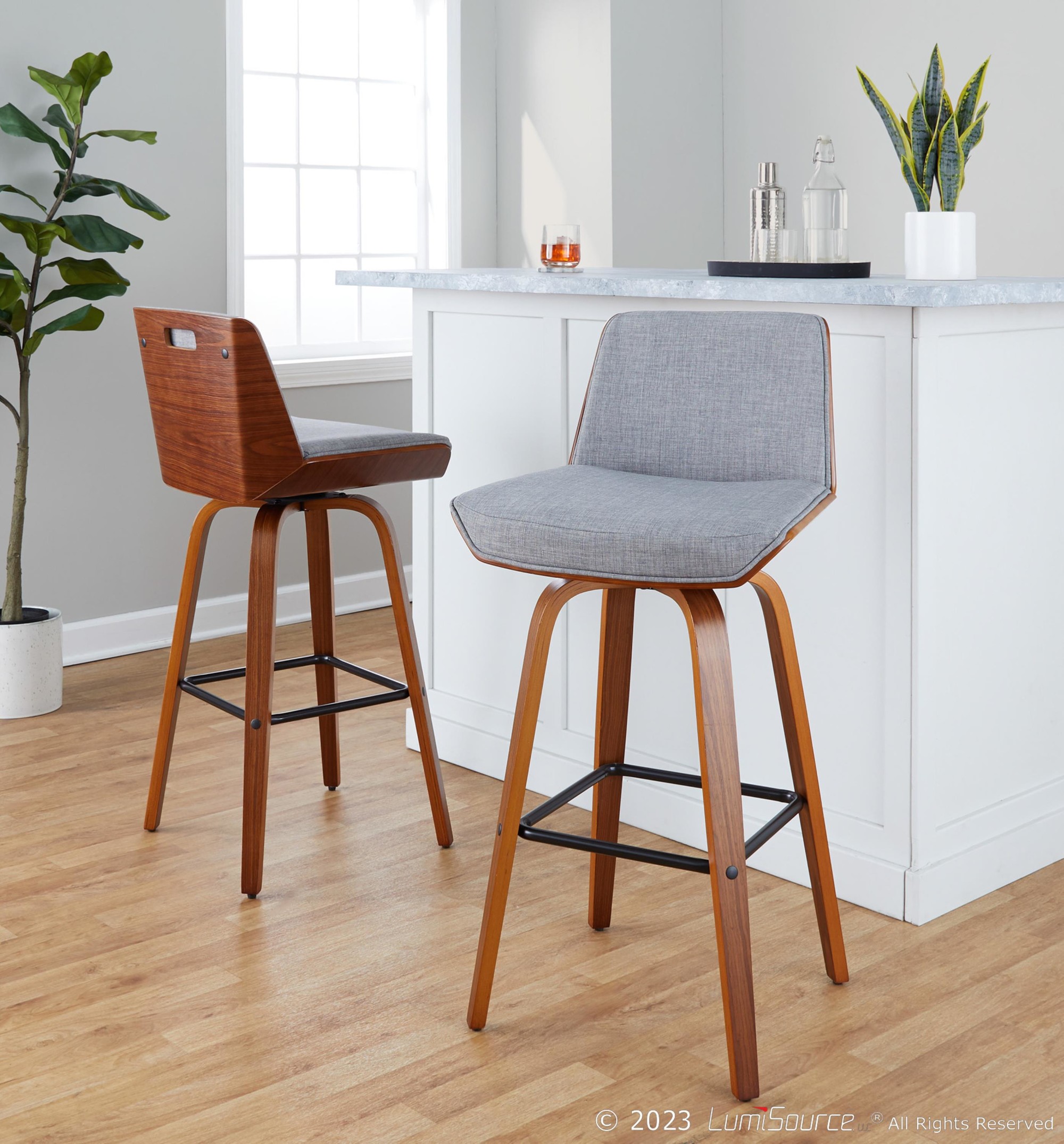 Corazza 30 Mid-Century Modern Walnut and Grey Barstool (Set of 2) 1 Corazza 30 Mid-Century Modern Walnut and Grey Barstool (Set of 2)