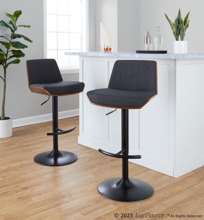 Corazza Mid-Century Modern Adjustable Swivel Barstools Black/Walnut (Set of 2)