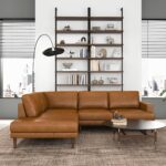 Left-Facing Tan Leather Sectional Sofa with Plush Cushions 12 Left-Facing Tan Leather Sectional Sofa with Plush Cushions