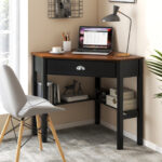 Corner Black Wooden Laptop Desk with Drawer and Shelves 57 Corner Black Wooden Laptop Desk with Drawer and Shelves