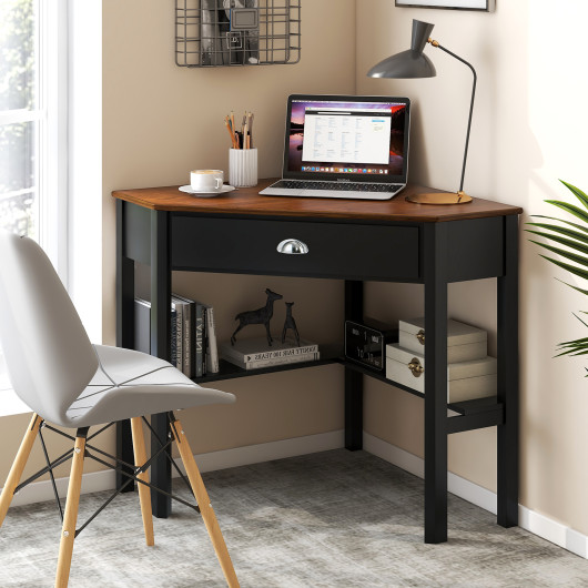 Corner Black Wooden Laptop Desk with Drawer and Shelves 15 Corner Black Wooden Laptop Desk with Drawer and Shelves - Image 15