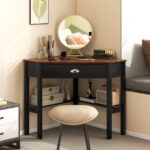 Corner Black Wooden Laptop Desk with Drawer and Shelves 58 Corner Black Wooden Laptop Desk with Drawer and Shelves
