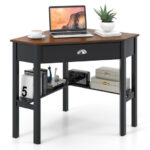 Corner Black Wooden Laptop Desk with Drawer and Shelves 60 Corner Black Wooden Laptop Desk with Drawer and Shelves