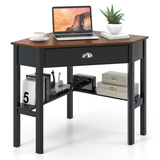 Corner Black Wooden Laptop Desk with Drawer and Shelves 18 Corner Black Wooden Laptop Desk with Drawer and Shelves - Image 18