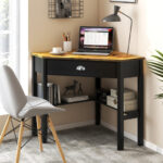 Corner Black Wooden Laptop Desk with Drawer and Shelves 78 Corner Black Wooden Laptop Desk with Drawer and Shelves
