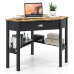 Corner Black Wooden Laptop Desk with Drawer and Shelves 83 Corner Black Wooden Laptop Desk with Drawer and Shelves