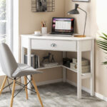Corner Black Wooden Laptop Desk with Drawer and Shelves 50 Corner Black Wooden Laptop Desk with Drawer and Shelves