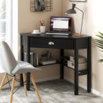 Corner Black Wooden Laptop Desk with Drawer and Shelves 43 Corner Black Wooden Laptop Desk with Drawer and Shelves