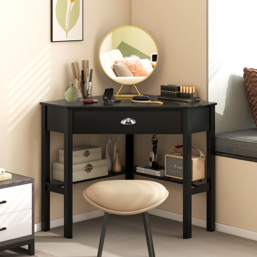 Corner Black Wooden Laptop Desk with Drawer and Shelves 2 Corner Black Wooden Laptop Desk with Drawer and Shelves - Image 2