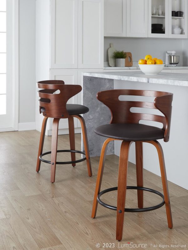 Cosini 24 Mid Century Modern Walnut Counter Stool w Black Metal Footrest Set of 2 1