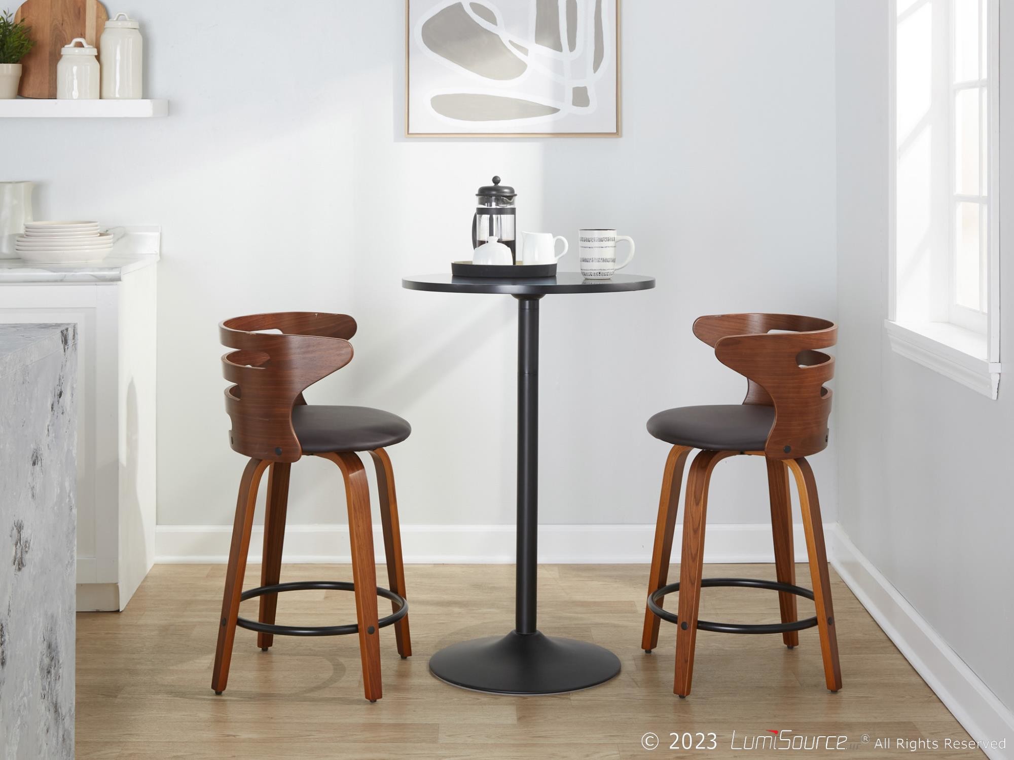 Cosini 24 Mid-Century Modern Walnut Counter Stool w/ Black Metal Footrest (Set of 2) 4 Cosini 24 Mid-Century Modern Walnut Counter Stool w/ Black Metal Footrest (Set of 2) - Image 4