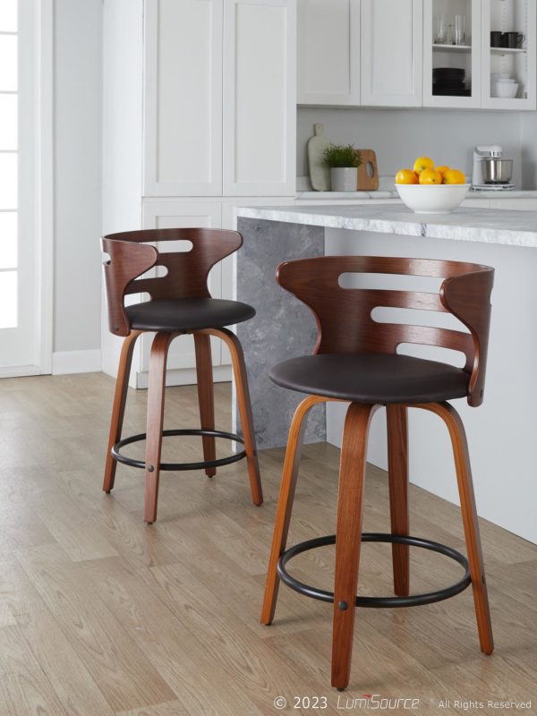 Cosini 24 Mid Century Modern Walnut Counter Stool w Black Metal Footrest Set of 2