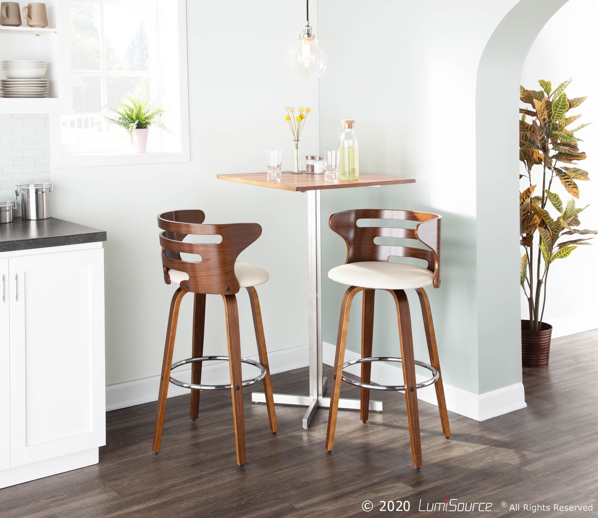 Cosini 26 Inch Walnut Cream Mid-Century Modern Swivel Barstools (Set of 2) 1 Cosini 26 Inch Walnut Cream Mid-Century Modern Swivel Barstools (Set of 2)