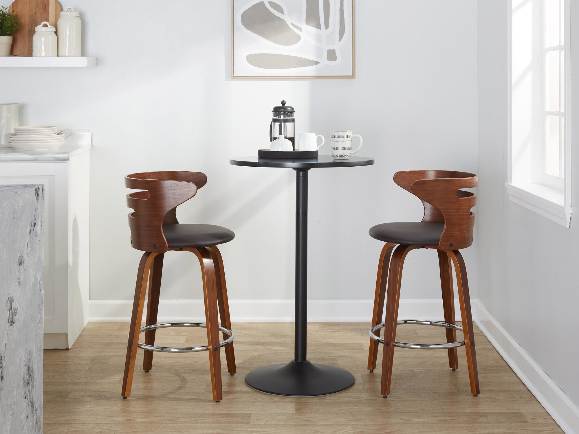 Cosini 26 Mid-Century Modern Walnut Swivel Counter Stool (Set of 2) 4 Cosini 26 Mid-Century Modern Walnut Swivel Counter Stool (Set of 2) - Image 4