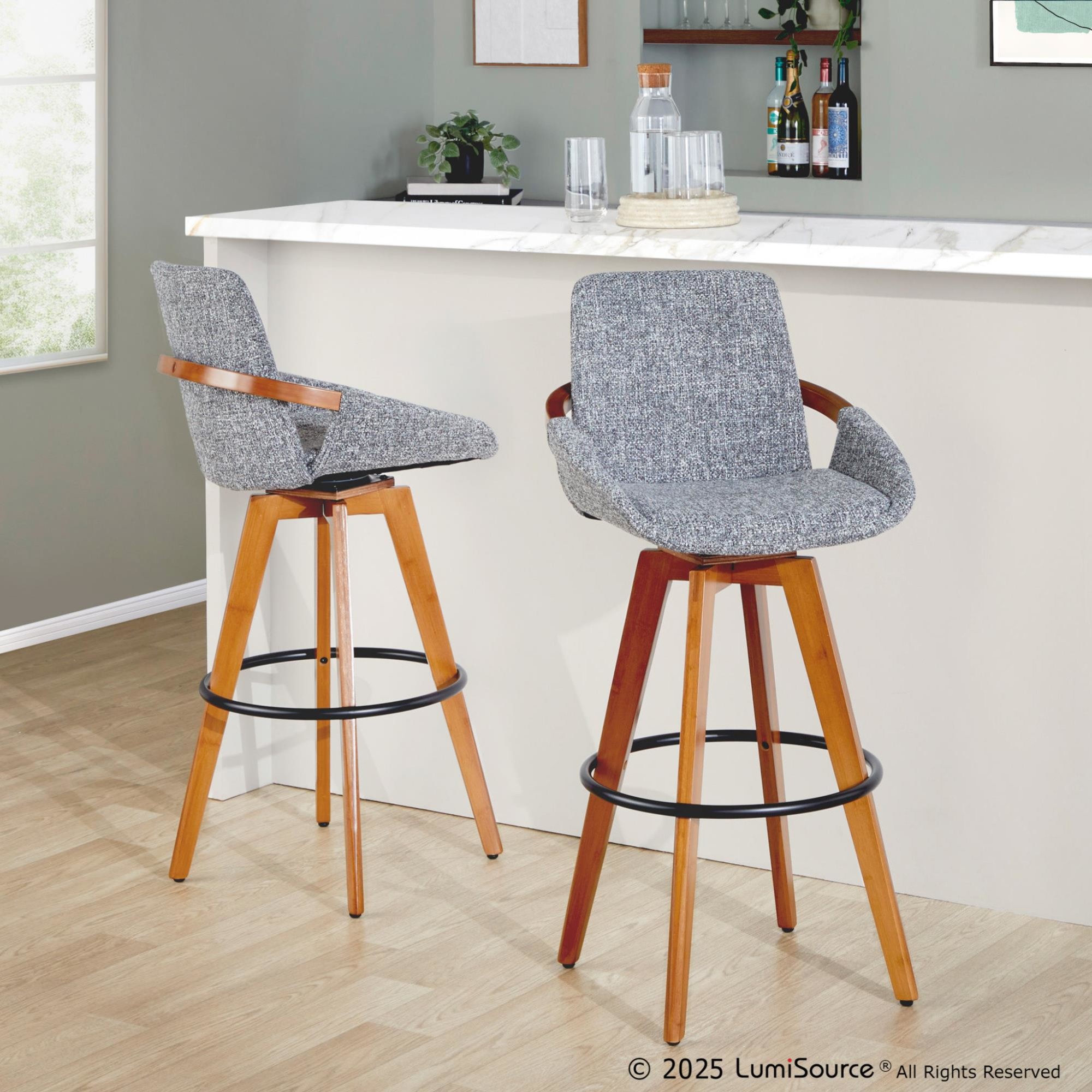 Cosmo 29-Inch Mid-Century Walnut Bamboo Swivel Barstool w/ Black Metal Footrest 2 Cosmo 29-Inch Mid-Century Walnut Bamboo Swivel Barstool w/ Black Metal Footrest - Image 2