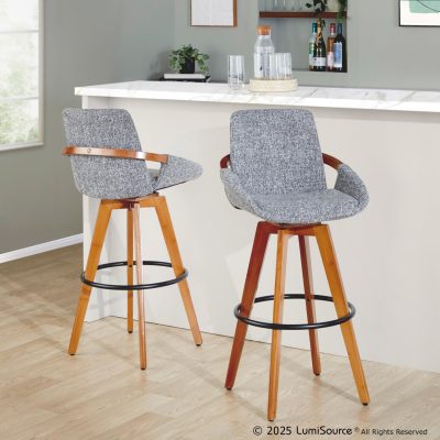 Cosmo 29-Inch Mid-Century Walnut Bamboo Swivel Barstool w/ Black Metal Footrest