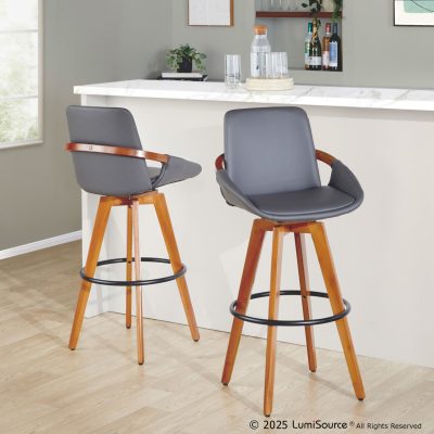 Cosmo 29-Inch Mid-Century Walnut Bamboo and Grey Faux Leather Swivel Barstool