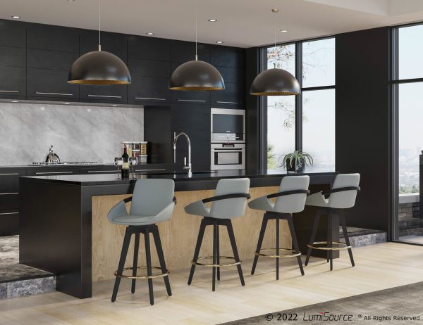 Cosmo Black Wood Contemporary Grey Faux Leather Counter Stools Set of 2