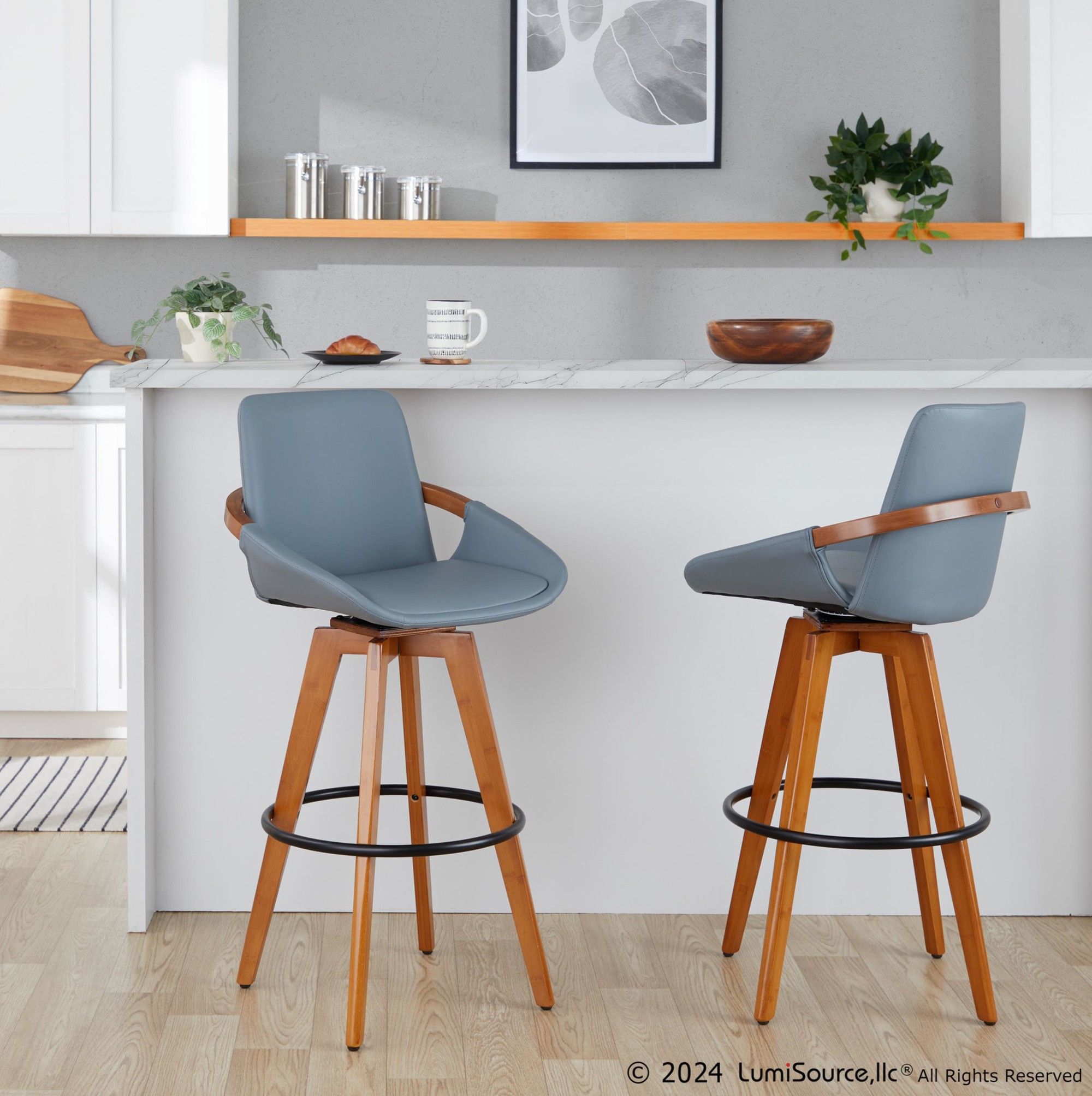 Cosmo Mid-Century 29-Inch Swivel Barstool Walnut Bamboo Grey 2 Cosmo Mid-Century 29-Inch Swivel Barstool Walnut Bamboo Grey - Image 2