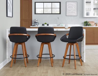 Cosmo Mid-Century Walnut and Black Faux Leather Counter Stool