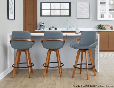 Cosmo Mid-Century Walnut and Grey Faux Leather Counter Stool