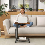 Adjustable C-Shape Side Table with Storage Basket and Casters