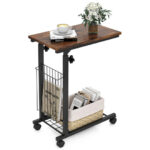 Adjustable C-Shape Side Table with Storage Basket and Casters