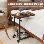 Adjustable C-Shape Side Table with Storage Basket and Casters