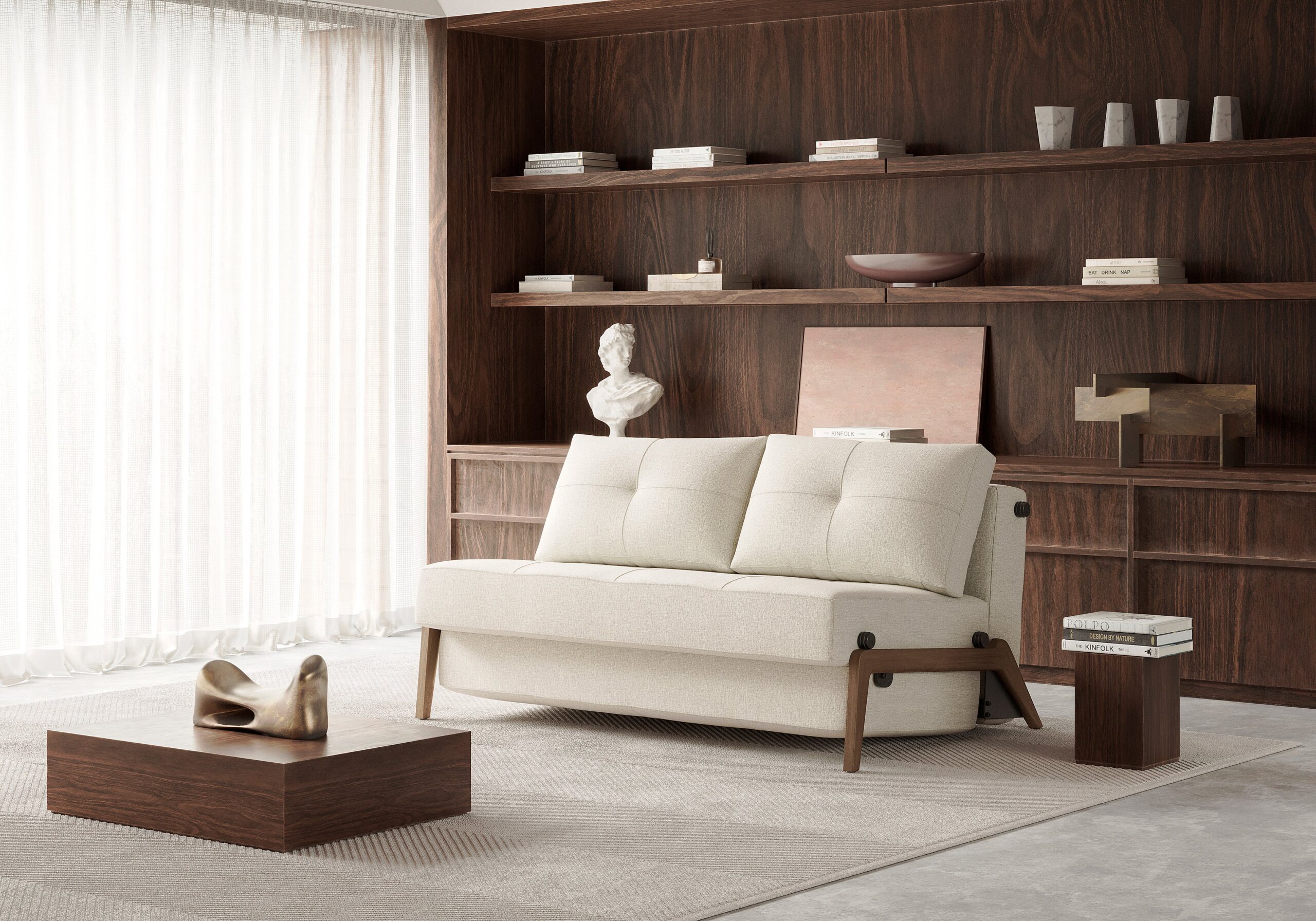 Cubed Queen Size Sofa Bed With Dark Wood Legs - Mixed Dance Natural 24 Cubed Queen Size Sofa Bed With Dark Wood Legs - Mixed Dance Natural