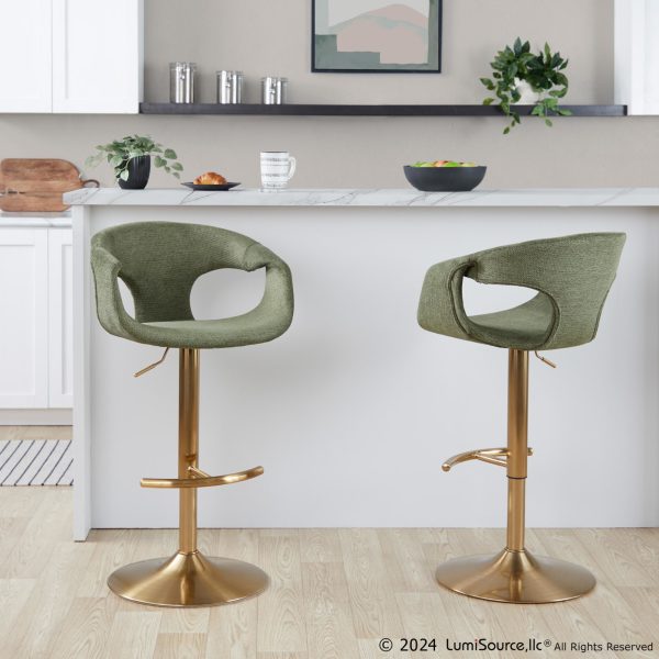 Curva Gold Green Contemporary Adjustable Barstool Set of 2 1