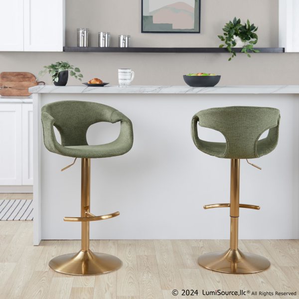 Curva Gold Green Contemporary Adjustable Barstool Set of 2
