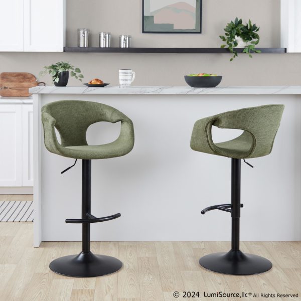 Curva Green Fabric Black Metal Contemporary Adjustable Barstool Set of 2 1