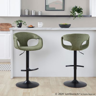 Curva Green Fabric Black Metal Contemporary Adjustable Barstool (Set of 2)
