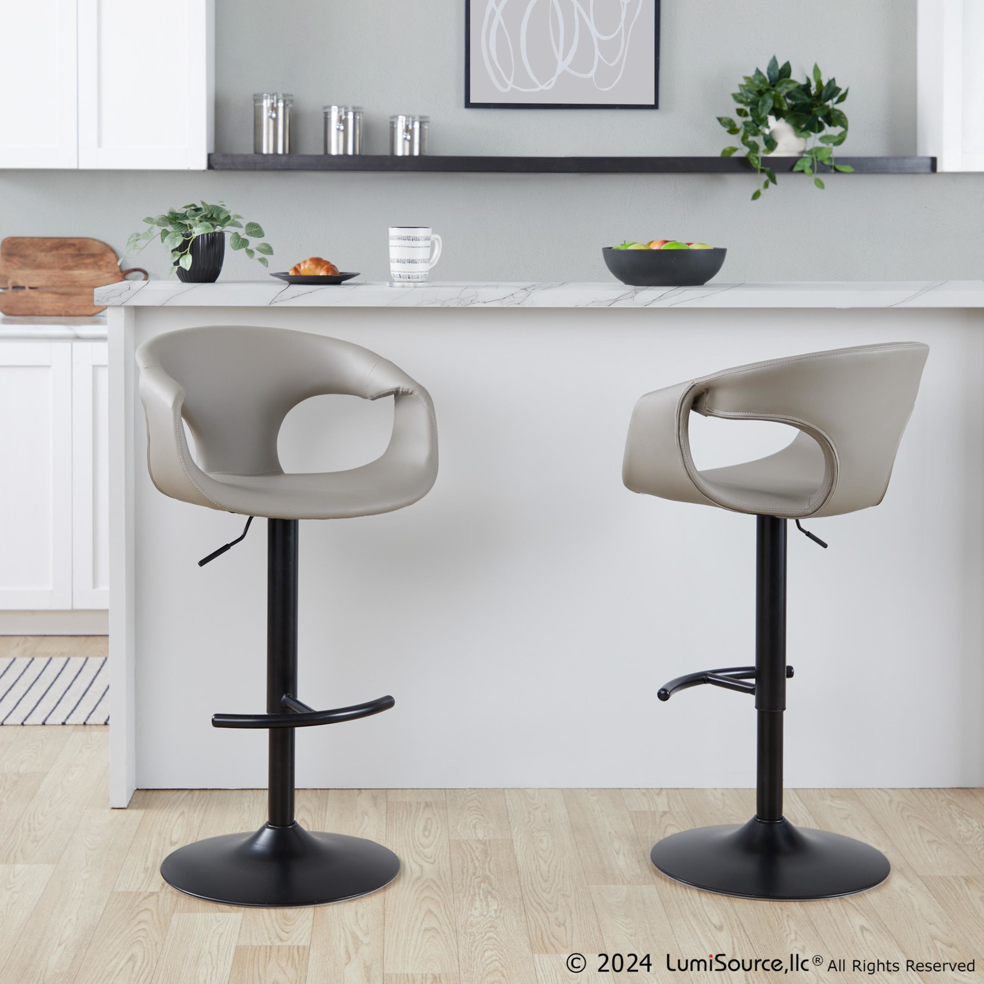 Curva Light Grey Faux Leather Adjustable Barstool (Set of 2) 2 Curva Light Grey Faux Leather Adjustable Barstool (Set of 2) - Image 2