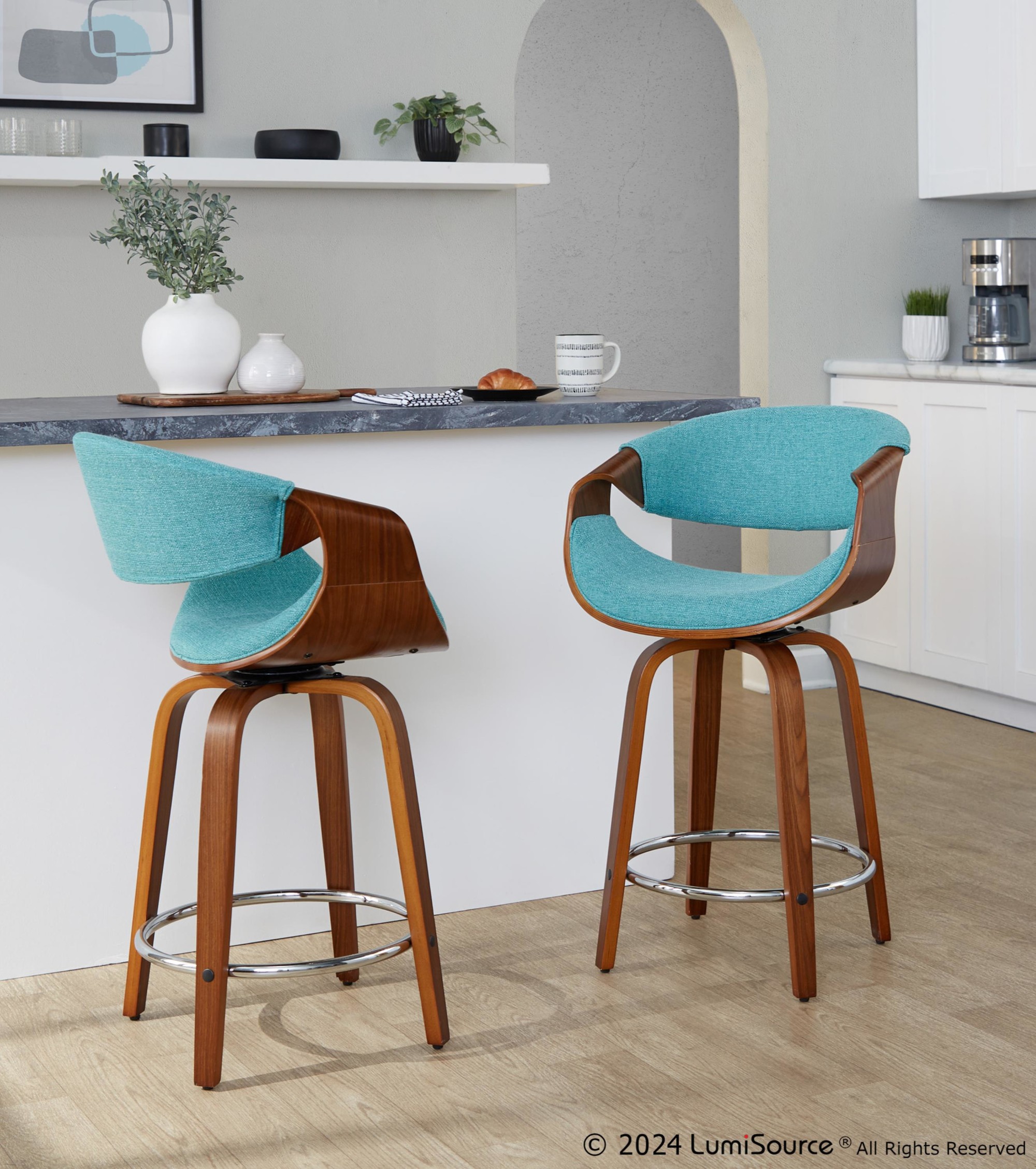 Curvini 24 Mid-Century Modern Teal Counter Stool (Set of 2) 2 Curvini 24 Mid-Century Modern Teal Counter Stool (Set of 2) - Image 2