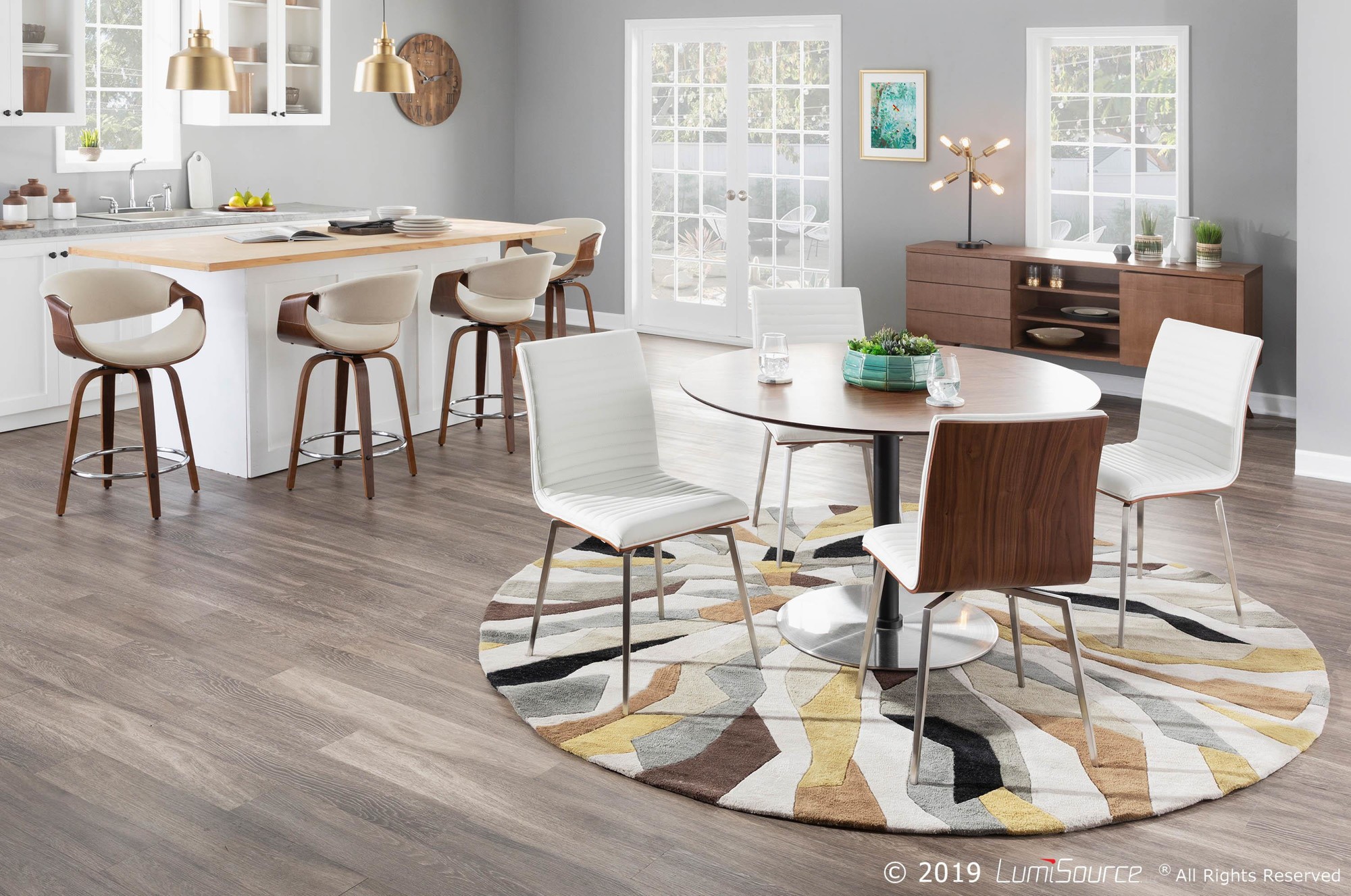 Curvini 24 Mid-Century Modern Walnut Cream Swivel Counter Stools (Set of 2) 2 Curvini 24 Mid-Century Modern Walnut Cream Swivel Counter Stools (Set of 2) - Image 2