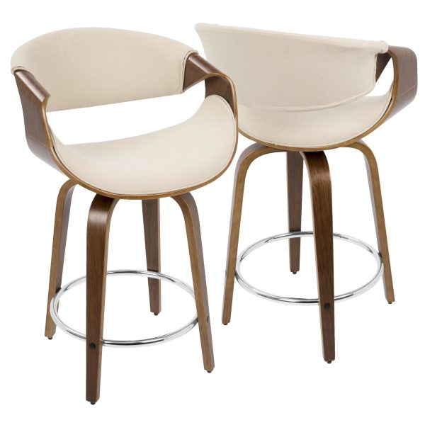 Curvini 24 Mid Century Modern Walnut Cream Swivel Counter Stools Set of 2 3