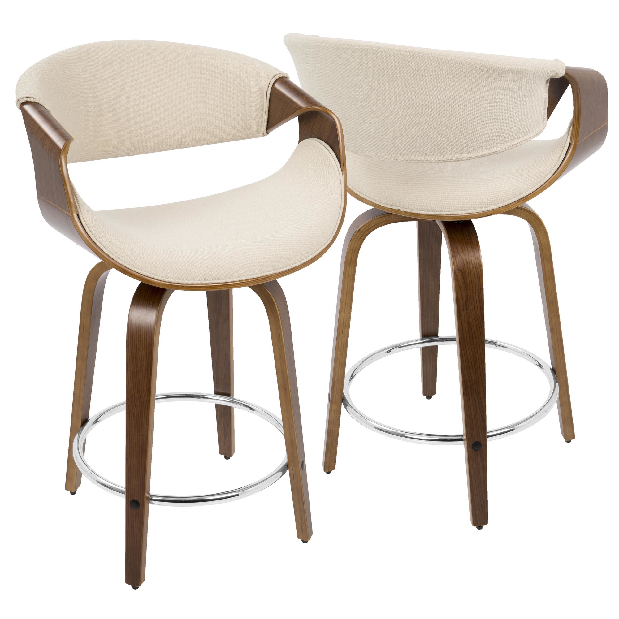 Curvini 24 Mid-Century Modern Walnut Cream Swivel Counter Stools (Set of 2) 4 Curvini 24 Mid-Century Modern Walnut Cream Swivel Counter Stools (Set of 2) - Image 4