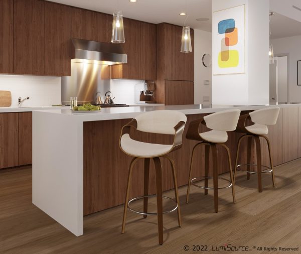 Curvini 24 Mid Century Modern Walnut Cream Swivel Counter Stools Set of 2
