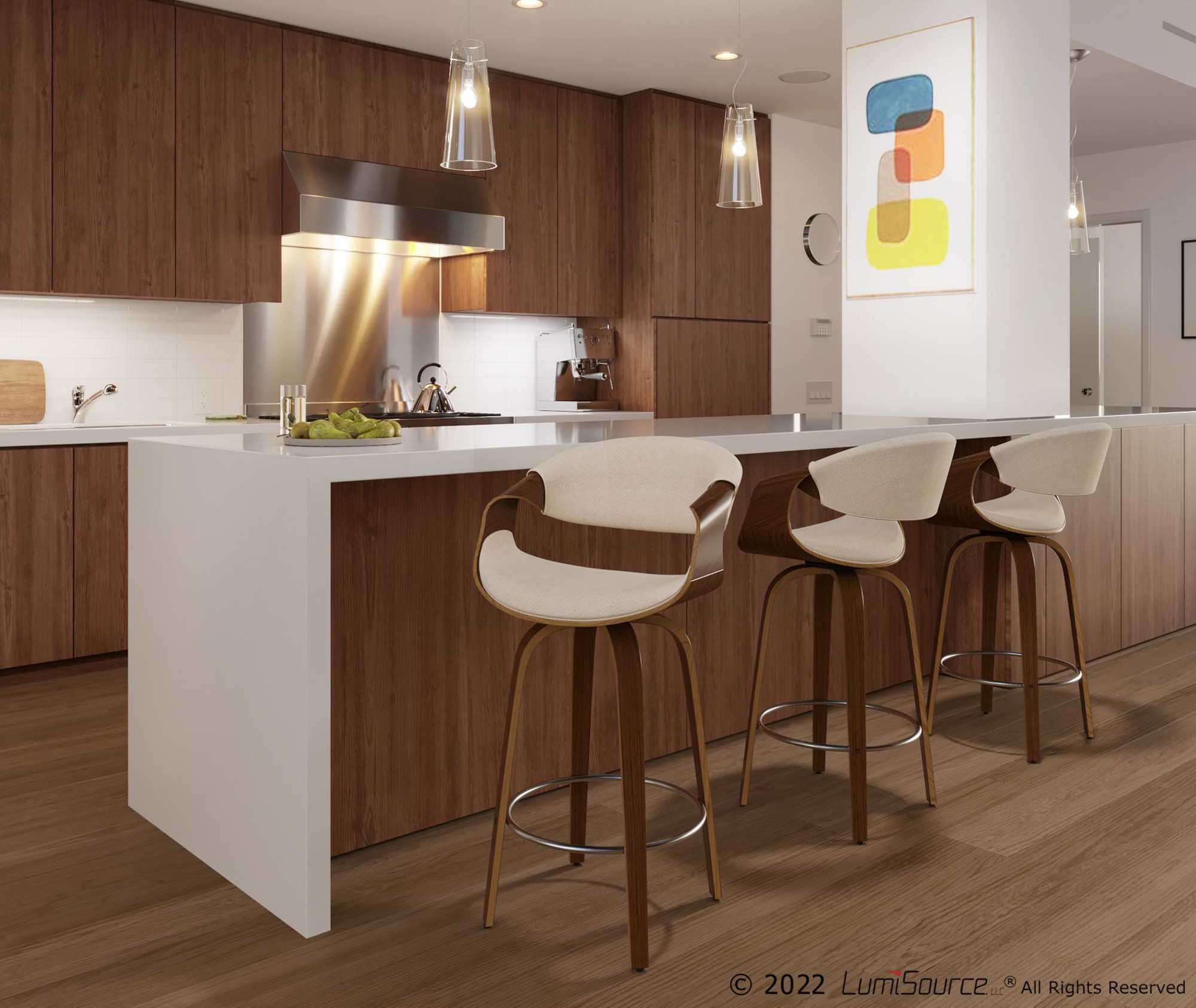 Curvini 24 Mid-Century Modern Walnut Cream Swivel Counter Stools (Set of 2) 1 Curvini 24 Mid-Century Modern Walnut Cream Swivel Counter Stools (Set of 2)