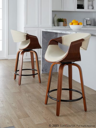 Curvini 24 Mid-Century Walnut Cream Swivel Counter Stools (Set of 2)