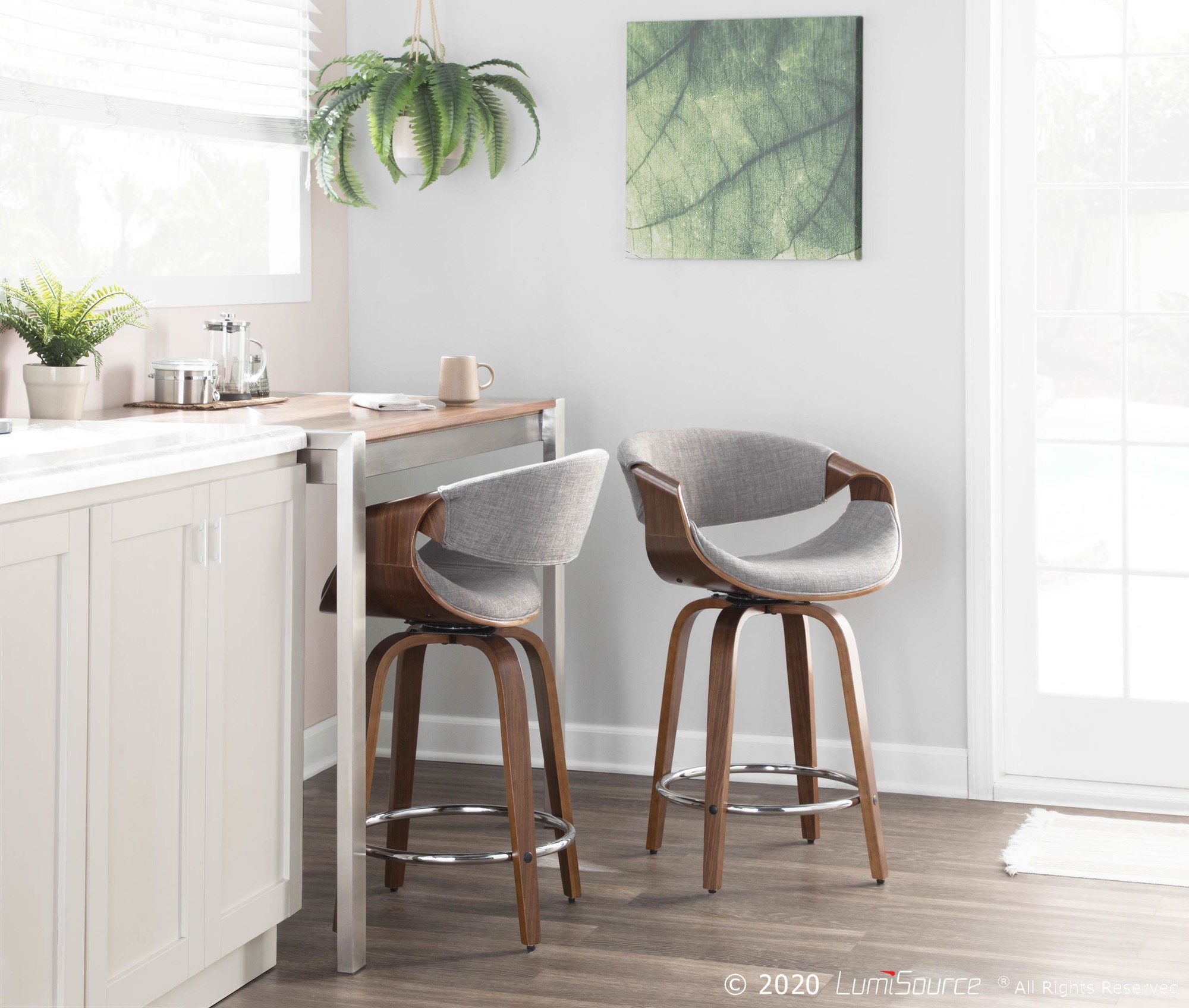 Curvini 24 Mid-Century Walnut and Light Grey Swivel Stool (Set of 2) 2 Curvini 24 Mid-Century Walnut and Light Grey Swivel Stool (Set of 2) - Image 2