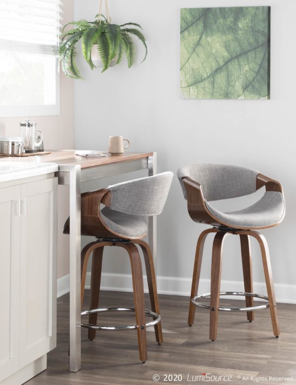 Curvini 24 Mid Century Walnut and Light Grey Swivel Stool Set of 2 2
