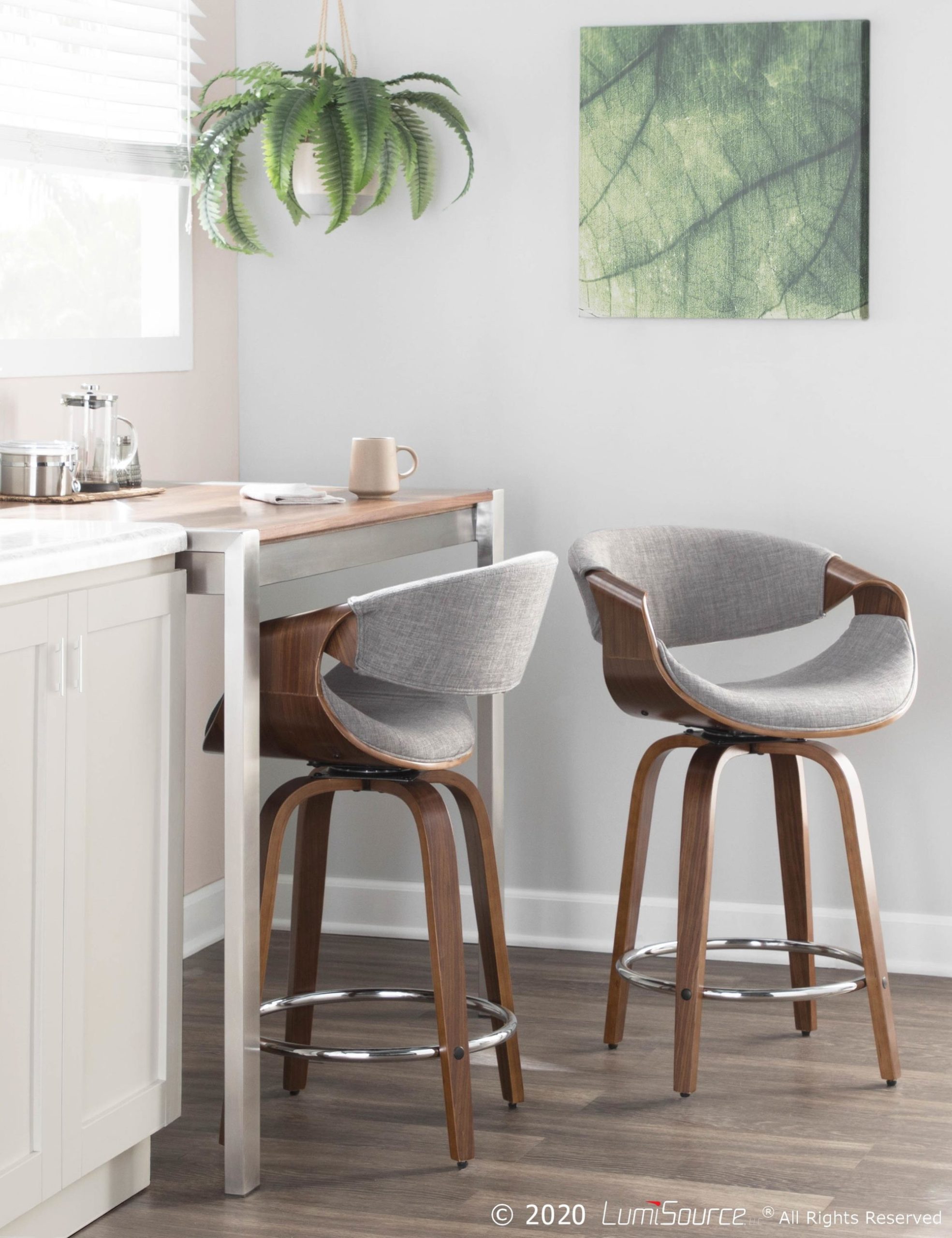 Curvini 24 Mid-Century Walnut and Light Grey Swivel Stool (Set of 2) 3 Curvini 24 Mid-Century Walnut and Light Grey Swivel Stool (Set of 2) - Image 3