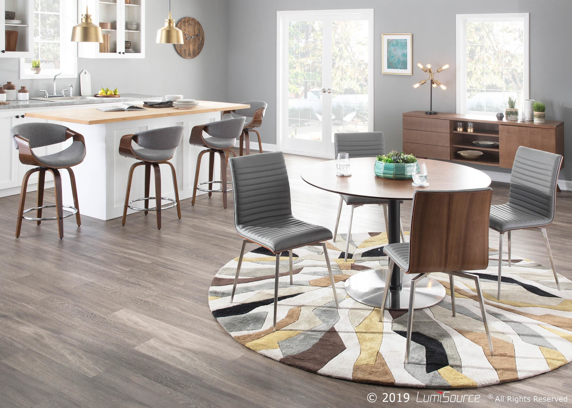 Curvini 24 Mid-Century Walnut and Light Grey Swivel Stool (Set of 2) 4 Curvini 24 Mid-Century Walnut and Light Grey Swivel Stool (Set of 2) - Image 4
