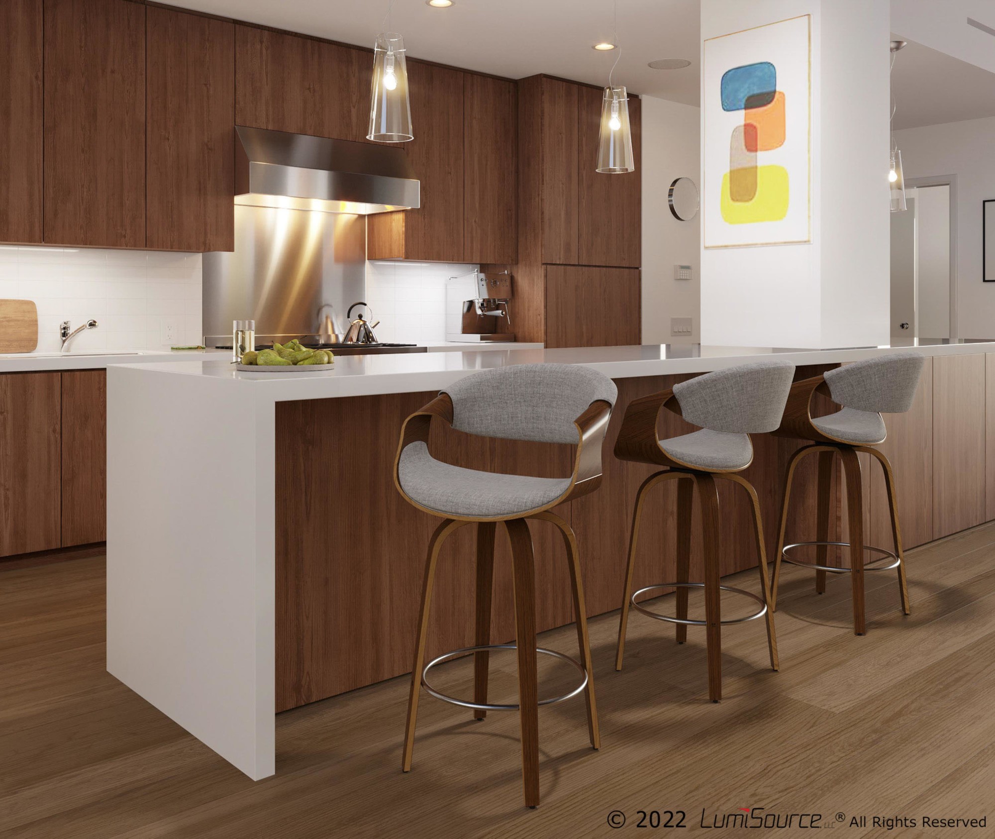 Curvini 24 Mid-Century Walnut and Light Grey Swivel Stool (Set of 2) 1 Curvini 24 Mid-Century Walnut and Light Grey Swivel Stool (Set of 2)