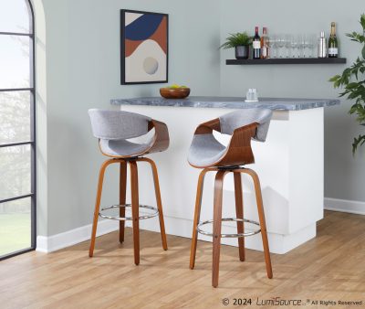 Curvini 30 Mid-Century Walnut and Grey Swivel Barstool (Set of 2)