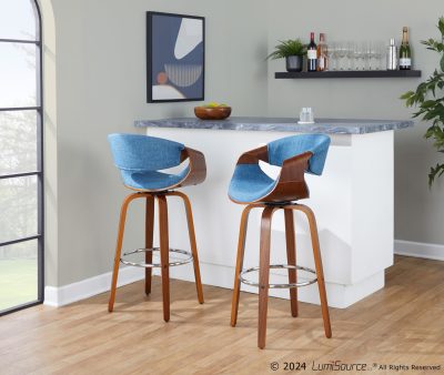 Curvini Mid-Century Modern Walnut and Blue Barstool (Set of 2)