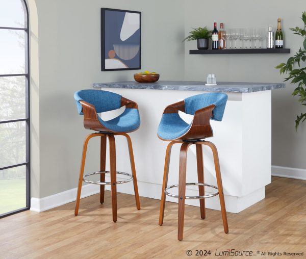 Curvini Mid Century Modern Walnut and Blue Barstool Set of 2 2